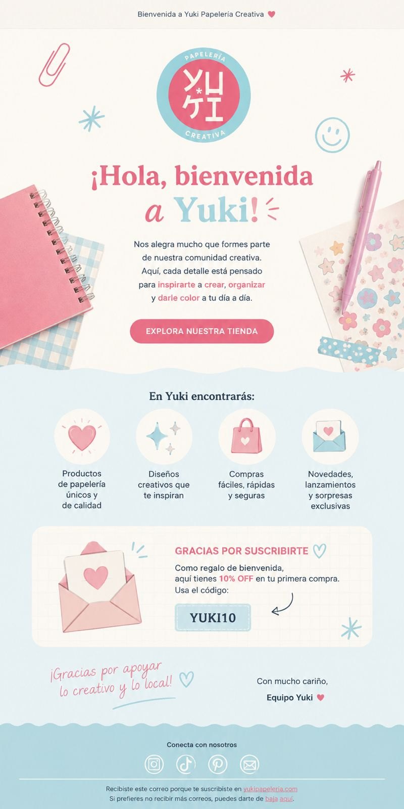 Correo de bienvenida completo de Yuki Papelería