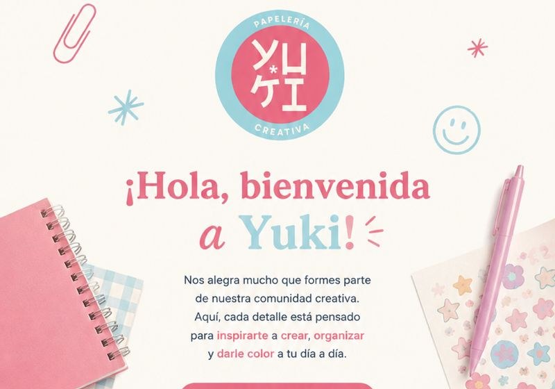 Banner de portada del correo de bienvenida de Yuki Papelería